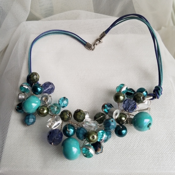 Hand Crafted Jewelry - Turquoise Blue Ceramic Bead & Crystal Mixed Media Beaded Necklace Handmade NEW